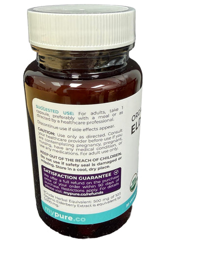 PURE CO Organic Elderberry 10:1 Extract 500mg Per 1 Capsule Serving - Vegan Black Elderberry Supplement for Immune Support, Allergy, Sinus Relief - Sambucus Nigra - 30 Caps