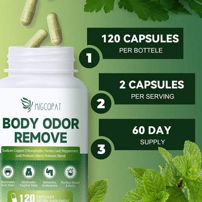 Chlorophyll Body Deodorizing Supplement, Chlorophyll Capsules with Parsley & Peppermint, Probiotic, Green Tea, Jerusalem Artichoke, Prebiotic, Supports Fresh Breath & Whole-Body Freshness, 120 Caps