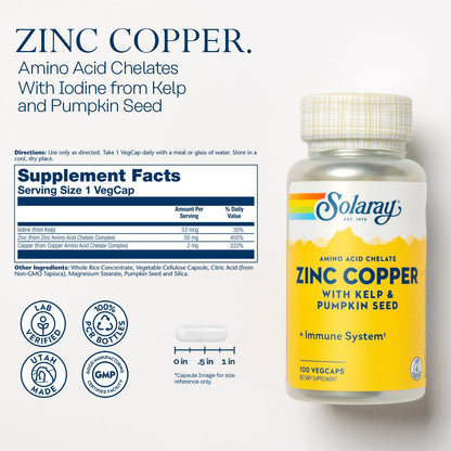 SOLARAY Zinc Copper Amino Acid Chelate - Immune Support Supplement w/Chelated Zinc 50mg - Bone, Skin, Heart Health and Thyroid Support - with Iodine from Kelp, 60-Day Guarantee, 100 Serv, 100 VegCaps