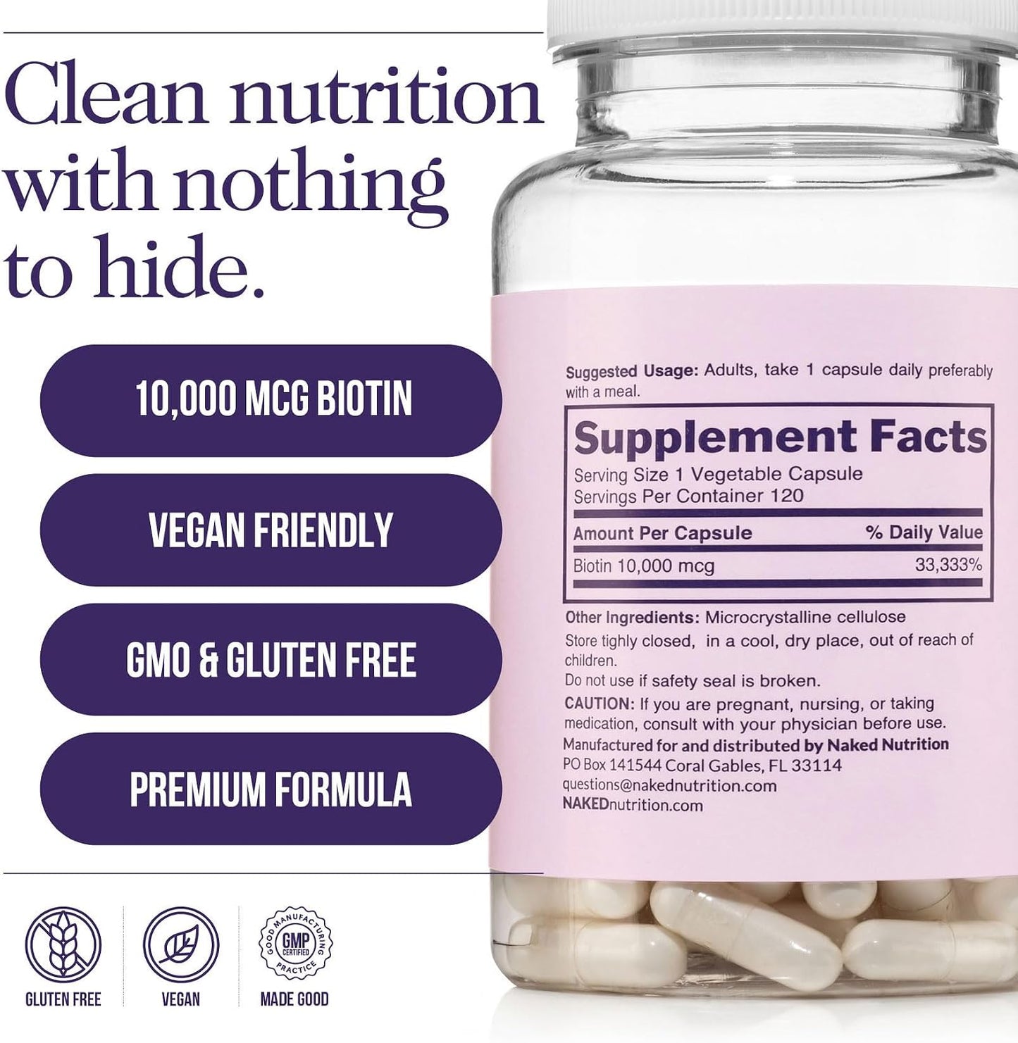 NAKED Biotin 10,000mcg - Max Strength Vitamin B7 Supplement for Healthy Hair, Skin & Nails Support - Non-GMO, Gluten-Free, Vegan - Supports Keratin Production - 120 Capsules