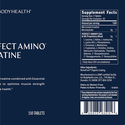 BodyHealth Creatine Monohydrate Tablets – Vegan Pre Workout Supplement with PerfectAmino, BCAAs & EAAs – Keto-Friendly, Muscle Recovery & Energy Support – 5g Creatine Equivalent per Serving