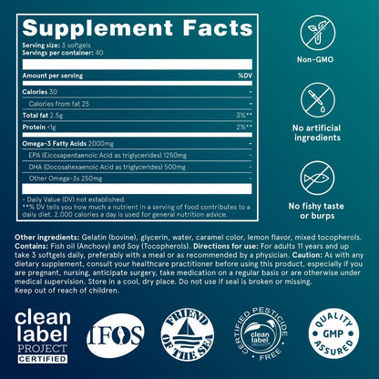 Puori Omega 3 Fish Oil Supplement - Ultra Pure & Burpless Wild Caught Fish Oil with 2000mg Omega 3 Fatty Acids,1250mg EPA & 500mg DHA Supports Heart, Brain & Eye Health - IFOS Certified - 240 Softgels