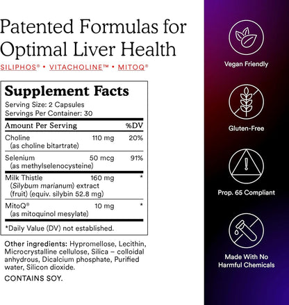 MitoQ +Liver – Advanced Liver Supplement with Highly Bioavailable Milk Thistle, Choline, Selenium Mitoquinol – Supports Metabolism, Body’s Natural Detoxification & Liver Health – 60 Capsules