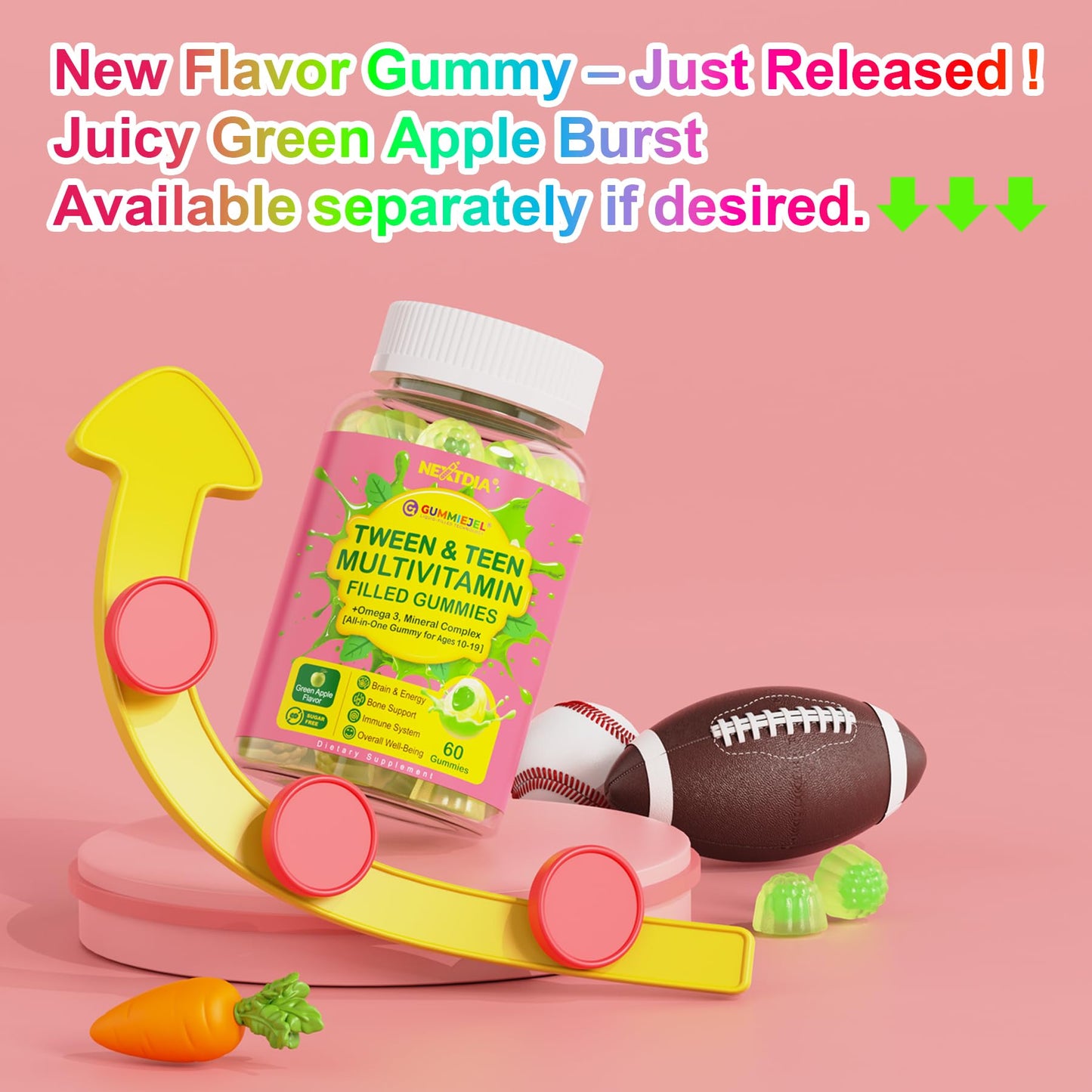 Nextdia Multivitamin Filled Gummies for Teen Boys Girls 12-17, 18, 19, Kids 10+ Multivitamin with Omega 3, Calcium + Magnesium + Zinc, Multi-Minerals for Adolescent 10-19S Brain, Bone, Energy, Immune