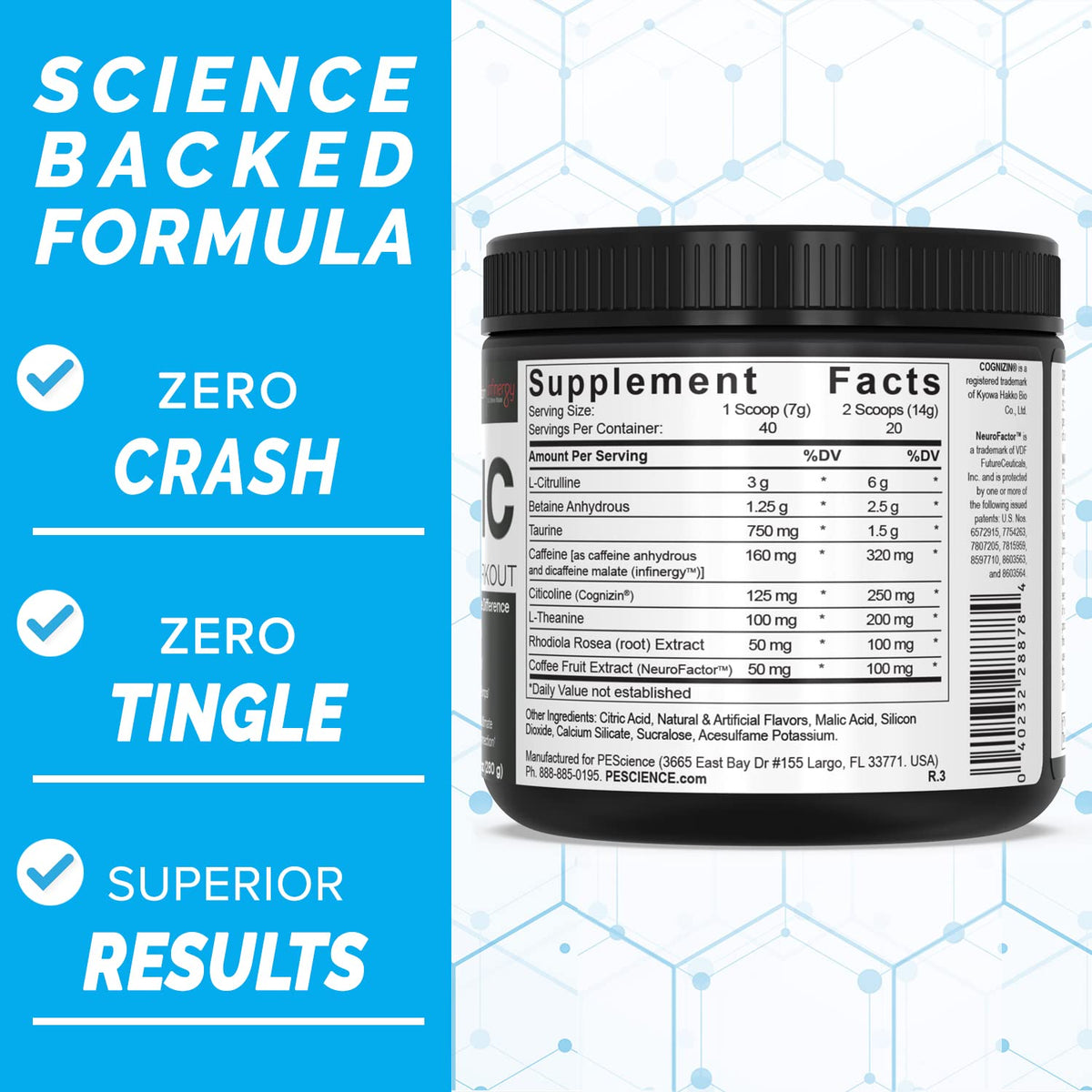 PEScience Prolific Pre Workout Powder, Sour Peach Candy, 40 Scoop, Energy Supplement
