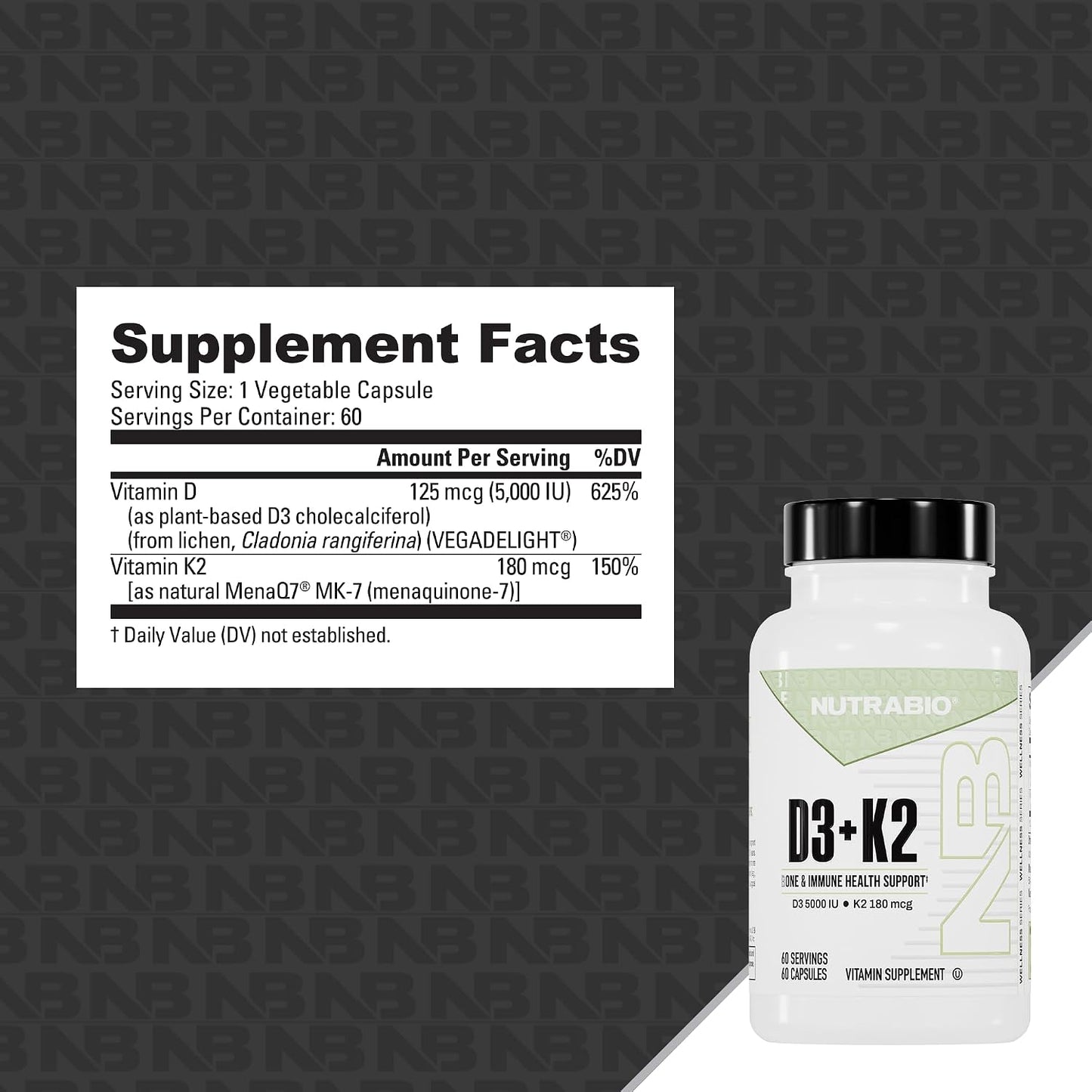 NutraBio Vitamin D3 K2 | 5000 IU D3 as Cholecalciferol with Vitamin K2 as MENA-Q MK7 (180mcg) | Support Bone and Heart Health | Non-GMO, Gluten Free, Lactose Free | 60 Vegetable Capsules