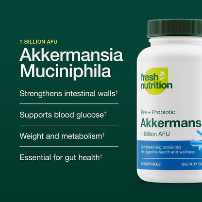 Fresh Nutrition Akkermansia Muciniphila Probiotic 1 Billion AFU for GLP-1 Production - Pre + Probiotic Supplement - 60 Capsules