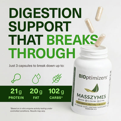 BIOptimizers MassZymes - Complete Digestive Enzymes Supplement for Gut Health - Bloating Relief for Men and Women - Lipase Amylase Bromelain Digestive Enzymes (120 Capsules)