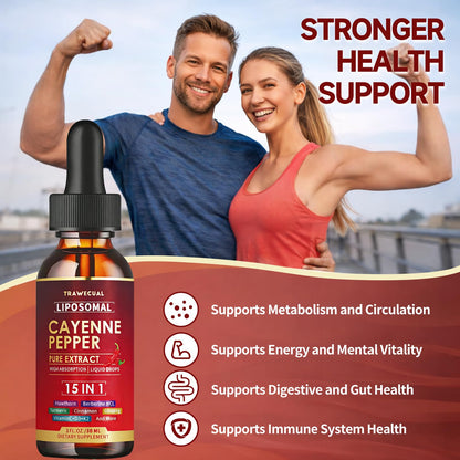 15 in1 Liposomal Cayenne Pepper Liquid Drops Supplement, with Vitamin D3 K2, Hawthorn, Berberine HCL, Beet Root, Turmeric, Cinnamon, Digestion, Circulatory Heath Support- 2 Fl Oz for 30 Days