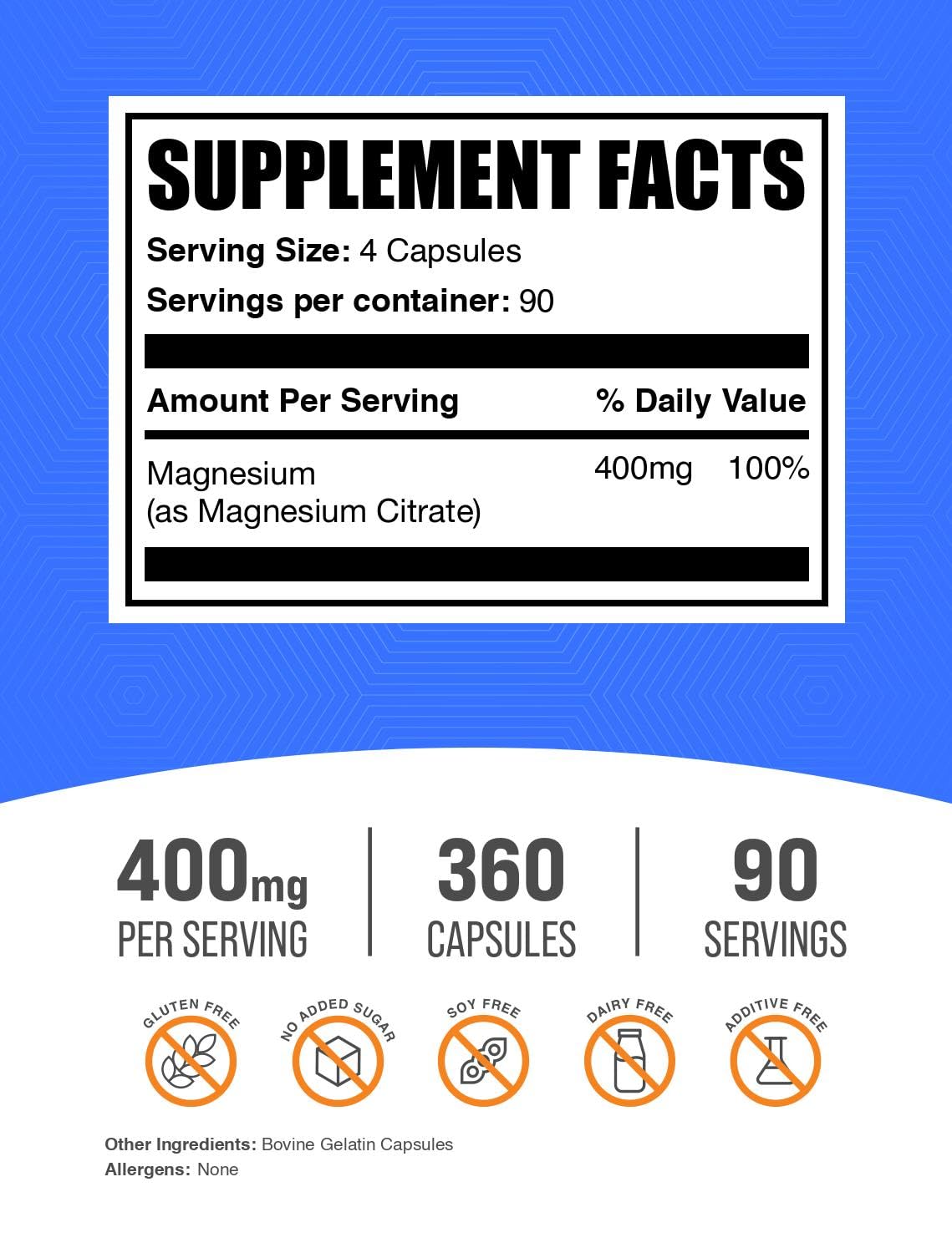 BulkSupplements.com Magnesium Citrate Capsules - Magnesium Supplement, Magnesium Citrate 400mg - Gluten Free, 4 Capsules per Serving, 360 Count (Pack of 1)