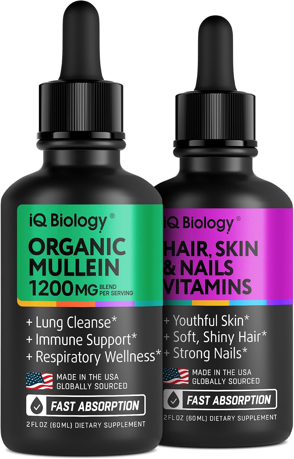 IQ BIOLOGY Organic Mullein + Liquid Hair, Skin & Nails Vitamins – 2-Pack Fast-Absorbing Drops | Respiratory Cleanse & Beauty Support | 2 fl oz Each