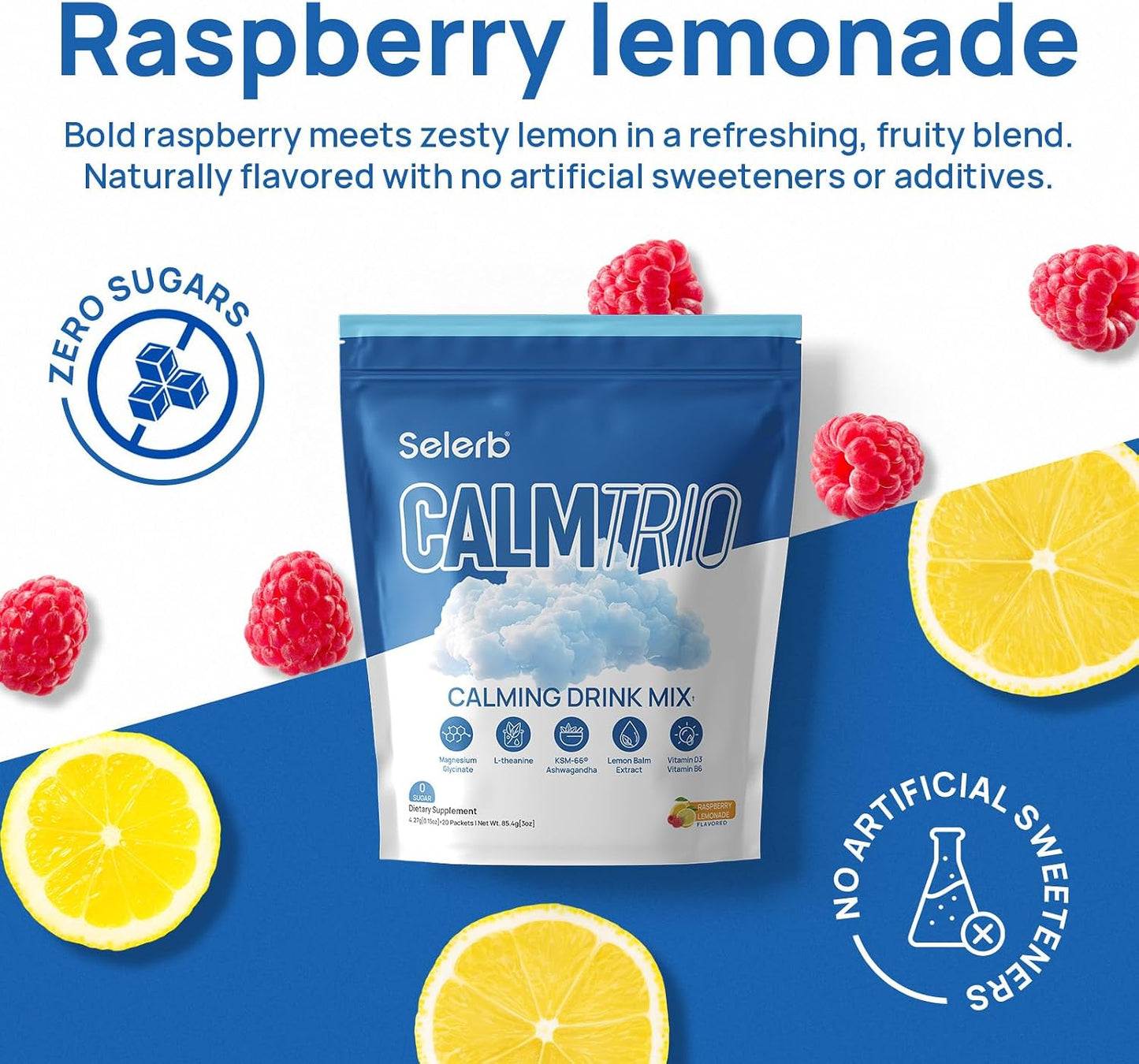 Selerb CalmTrio Magnesium Glycinate Powder Cortisol Drink Mix - No Sugar with L-Theanine, Ksm-66® Ashwagandha, Lemon Balm, Vitamin D3, B6, Supplements for Relax, Focus & Calm, Raspberry Lemon 20 Ct