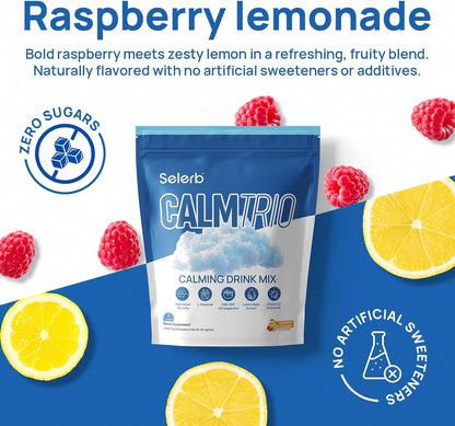 Selerb CalmTrio Magnesium Glycinate Powder Cortisol Drink Mix - No Sugar with L-Theanine, Ksm-66® Ashwagandha, Lemon Balm, Vitamin D3, B6, Supplements for Relax, Focus & Calm, Raspberry Lemon 20 Ct