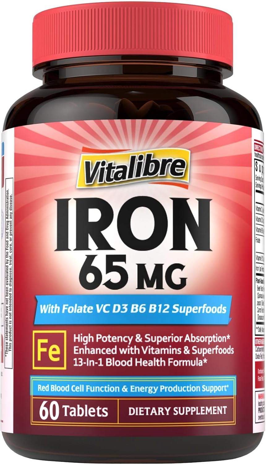 Vitalibre Iron Supplement for Women & Men, 65 mg, Ferrous Sulfate, Vitamin C, D3, B6, B12, Folate, Beet Root, Spinach, Pumpkin Seeds, Nettle, for Red Blood Cell & Energy Production, 60 Tablets
