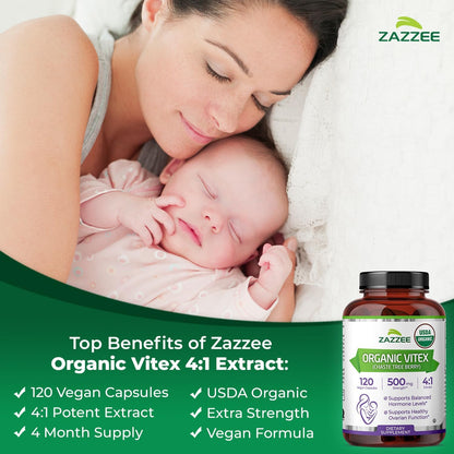 Zazzee USDA Organic Vitex 4:1 Extract, 120 Vegan Capsules, 4 Month Supply, Chaste Berry, Hormonal Balance & Cycle Support for Women, Certified Kosher, Vitex Agnus-Castus, Non-GMO, Made in the USA