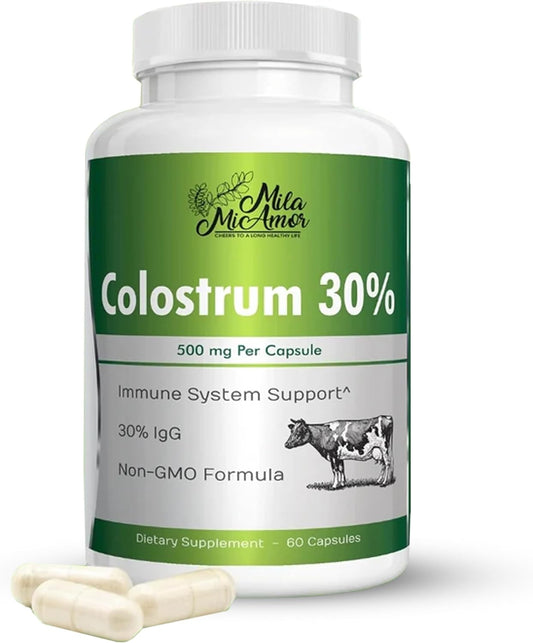Mila Miamor Bovine Colostrum Supplement 500mg Per Capsule, 30% IgG - Gut Health, Immune Support and Digesitive Wellness - Non-GMO, Third-Party Tested, Made in USA - 60 Capsules