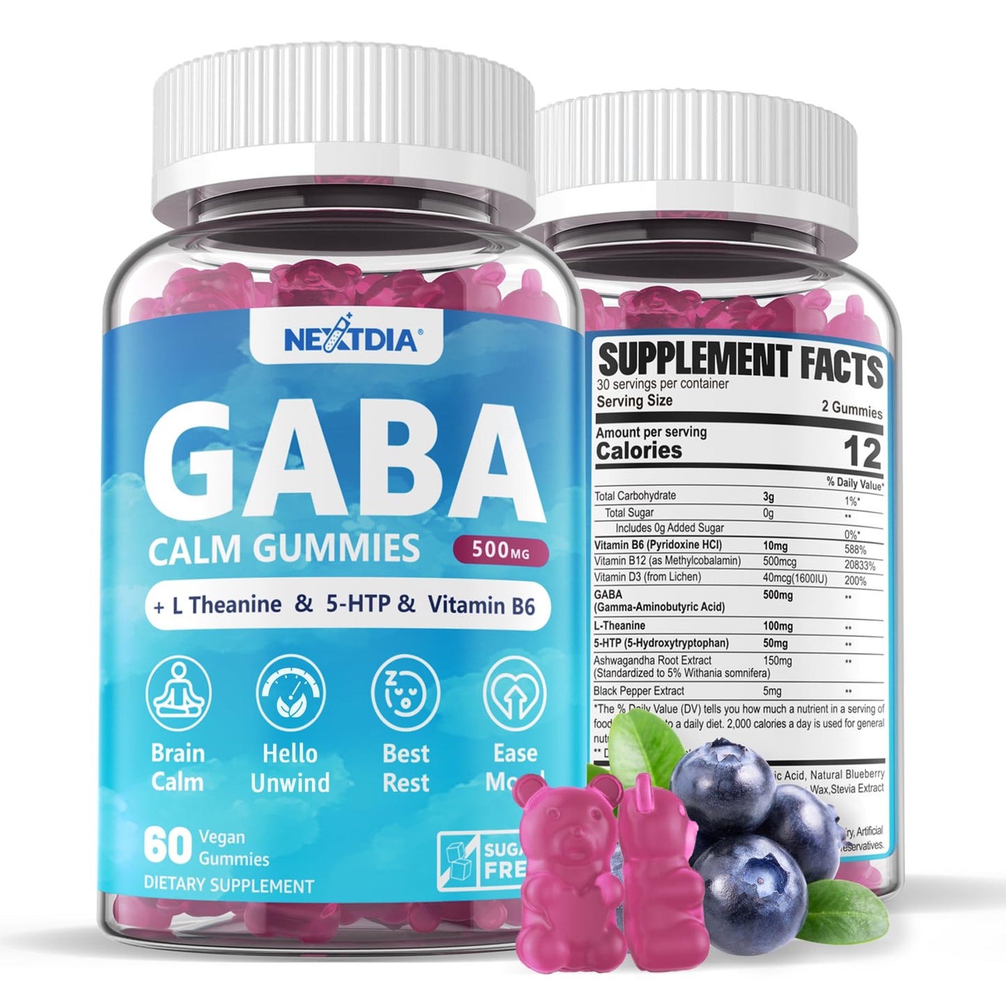 GABA Gummies 500 mg - Sugar-Free Calm Gummies with L Theanine, 5-HTP, Vitamins D3, B12, Ashwagandha, Melatonin-Free for Brain Calm, Mood, Zzz Better, GABA Supplement for Adult, Blueberry Flavor,2 Pack