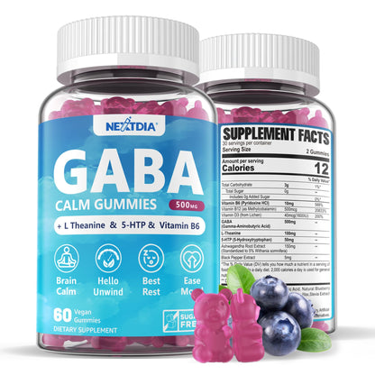 GABA Gummies 500 mg - Sugar-Free Calm Gummies with L Theanine, 5-HTP, Vitamins D3, B12, Ashwagandha, Melatonin-Free for Brain Calm, Mood, Zzz Better, GABA Supplement for Adult, Blueberry Flavor,2 Pack