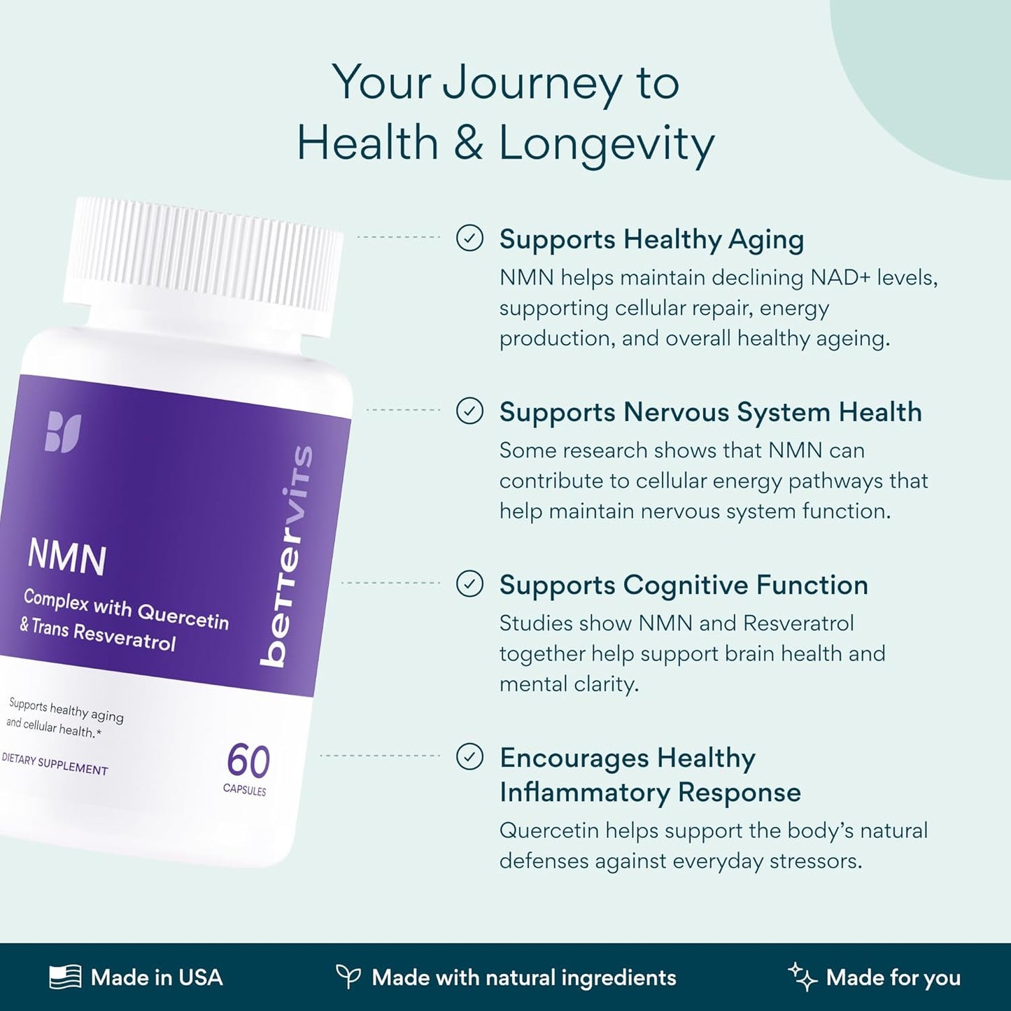 Bettervits NMN Supplement with Quercetin Powder| NAD+ Resveratrol Support Formula for Cells Regeneration, Energy and Anti-Aging Support | NAD Supplements for Women & Men - 60 Capsules