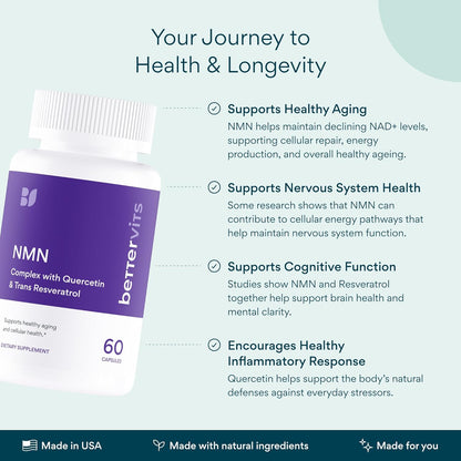 Bettervits NMN Supplement with Quercetin Powder| NAD+ Resveratrol Support Formula for Cells Regeneration, Energy and Anti-Aging Support | NAD Supplements for Women & Men - 60 Capsules