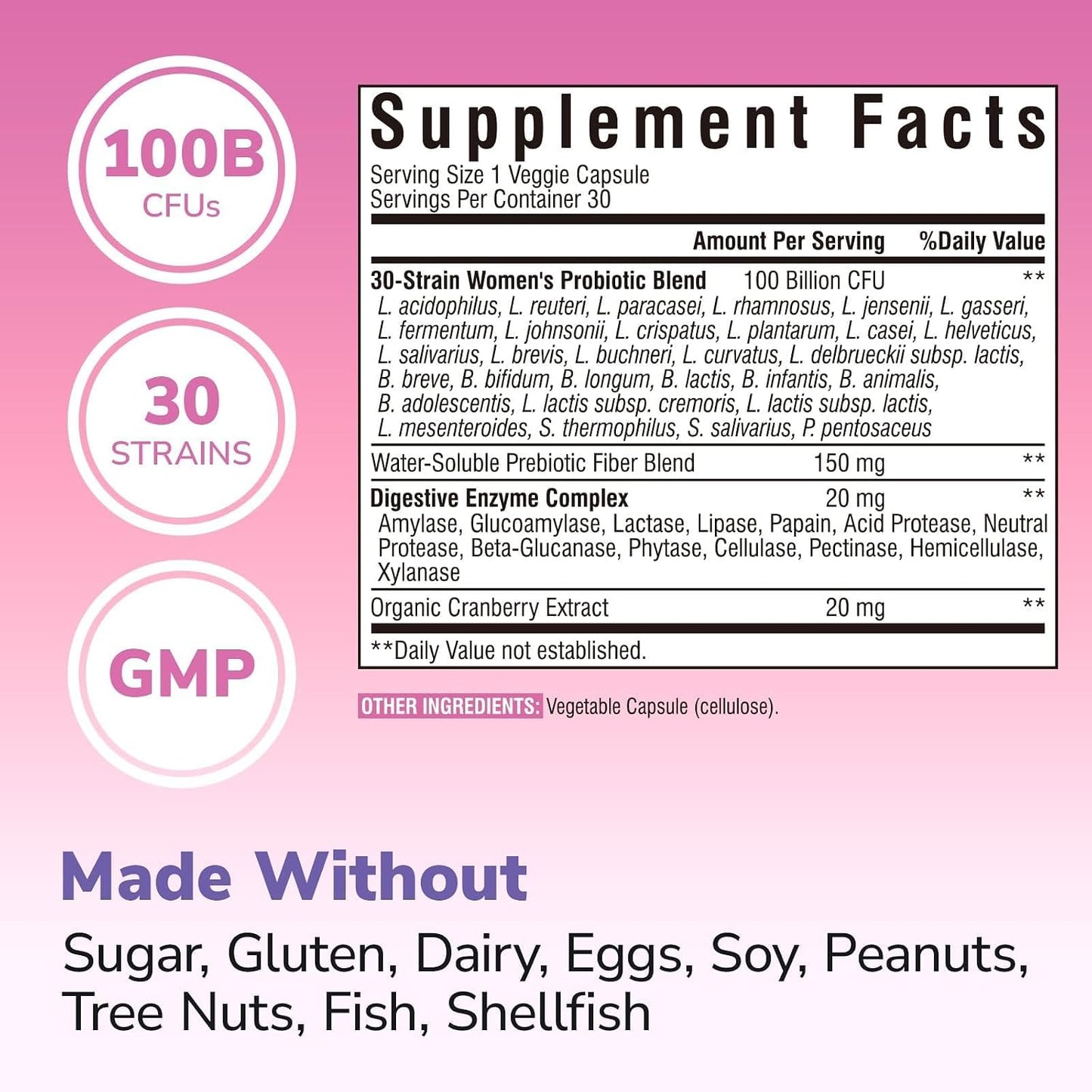 Vitalibre Probiotics for Women 30 Strains, 100B CFUs Vaginal Probiotics | with Digestive Enzymes, Prebiotics & Cranberry for Urinary Tract Health, pH Balance, 30 Veggie Capsules
