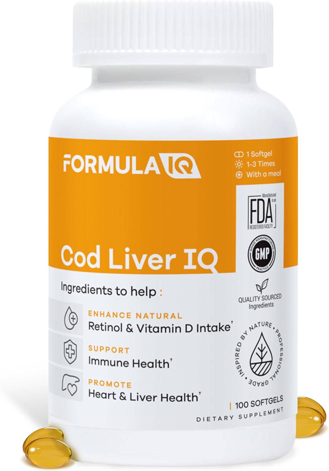 Formula IQ - Cod Liver IQ - Cod Liver Oil Softgels - Natural Source of Vitamins A & D and Omega-3 Fatty Acids - Heart, Liver & Immune Health - 100 Softgels