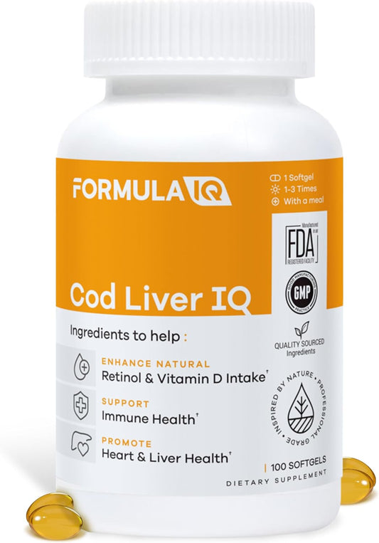 Formula IQ - Cod Liver IQ - Cod Liver Oil Softgels - Natural Source of Vitamins A & D and Omega-3 Fatty Acids - Heart, Liver & Immune Health - 100 Softgels