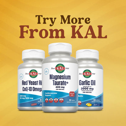 KAL Magnesium Taurate 400mg Plus Vitamin B6, Chelated Magnesium Supplement, High Absorption Magnesium Complex, Muscle and Heart Health Support, Vegan, Gluten Free, 60-Day Guarantee, 60 Serv, 120 Tabs