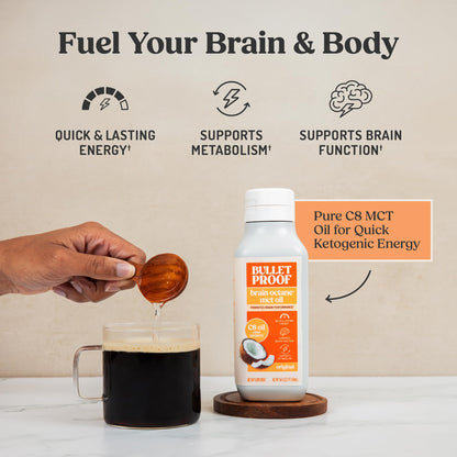 Bulletproof Brain Octane C8 MCT Oil, 16 oz – 100% Pure Coconut Oil, Triple-Distilled Keto Energy Supplement for Coffee & Smoothies, Unflavored, No Additives or Fillers, Non-GMO