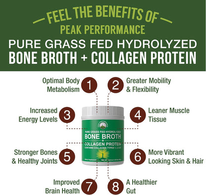 Peak Performance Hydrolyzed Bone Broth + Collagen Unflavored Protein Peptides Powder - Contains All Collagen Types: 1, 2, and 3 - Pure Pasture Raised Grass Fed, Paleo Friendly, Gluten + Dairy Free