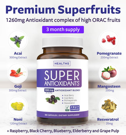 Super Antioxidants Supplement for Women & Men - High Potency Herbal & Fruit Blend with Acai, Goji, Pomegranate, Elderberry & Resveratrol for Skin Care & Immune Support - Vegan & Non-GMO - 60 Capsules