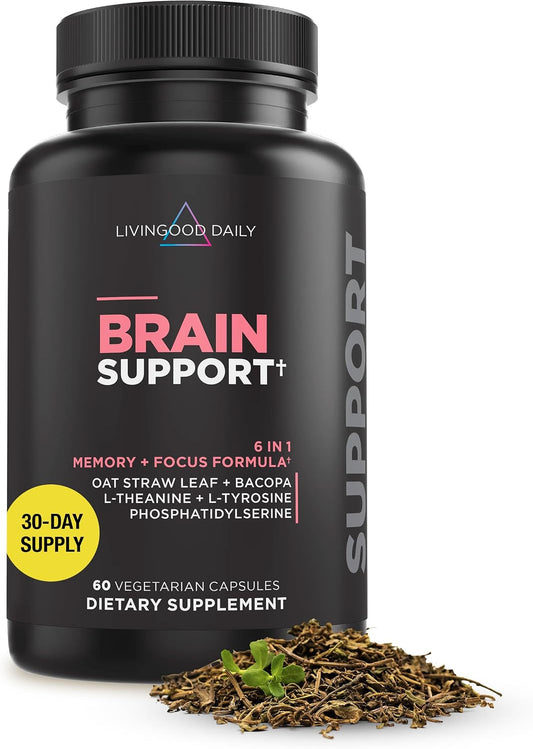 Livingood Daily Brain Supplements for Memory & Focus, Nootropic Pills with Bacopa, L Theanine, L Tyrosine, Amino Acids & More, Cognitive Support for Men & Women, Vegan, Gluten Free, 60 Capsules