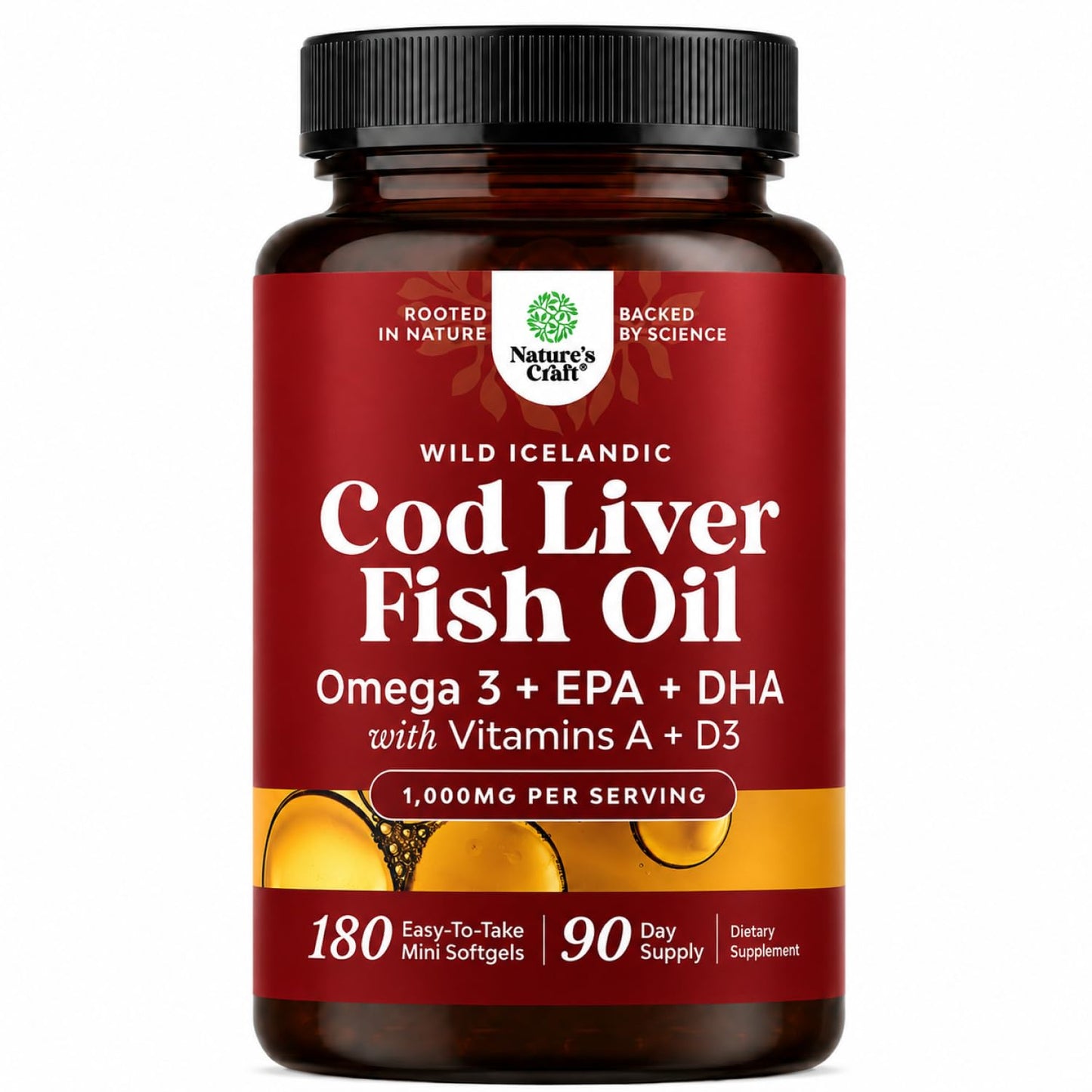 Icelandic Wild Caught Cod Liver Oil Softgels - Fish Omega 3, EPA, DHA, Vitamin D & A, 1000mg Per Serving - Burpless Capsules for Heart, Joint, Brain & Immune Support - 100 Count