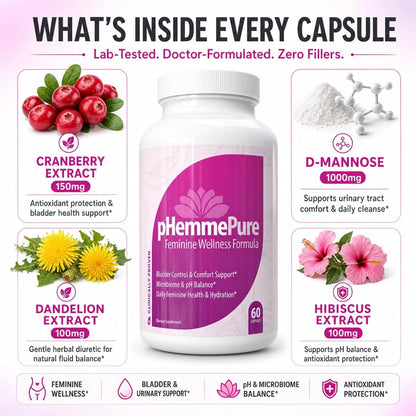 pHemmePure Advanced Feminine Balance Formula with D-Mannose Cranberry Extract Hibiscus & Dandelion - Daily Urinary Tract Support for Women - Promotes Healthy Vaginal pH & Bladder Comfort - 60 Capsules
