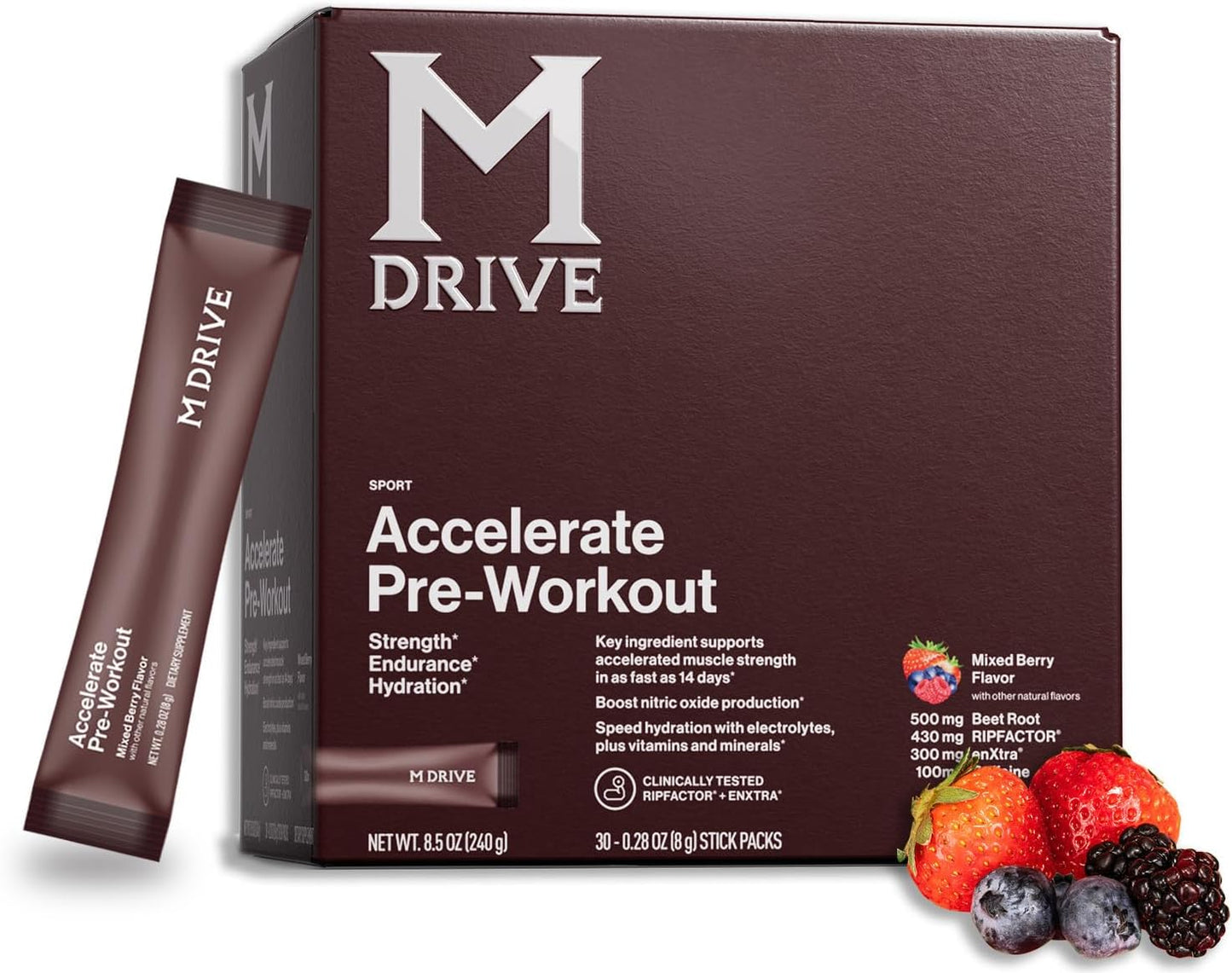 Mdrive Accelerate Pre Workout Powder Mixed Berry 30 Stick Packs | Strength Endurance Hydration Nitric Oxide Pump Beet Root RipFACTOR EnXtra Caffeine Electrolytes Focus Alertness