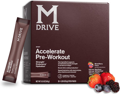Mdrive Accelerate Pre Workout Powder Mixed Berry 30 Stick Packs | Strength Endurance Hydration Nitric Oxide Pump Beet Root RipFACTOR EnXtra Caffeine Electrolytes Focus Alertness