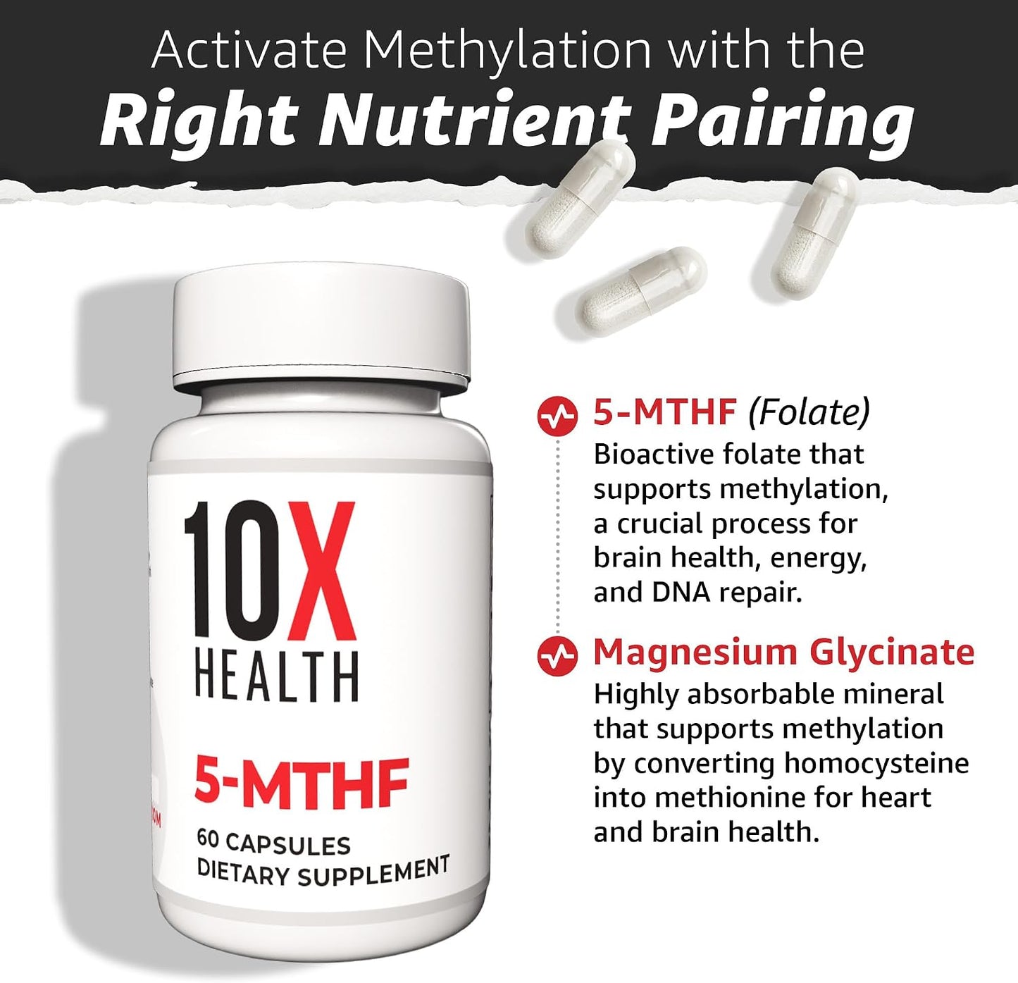 10X Health 5 Mthf - 60 Capsules | L Methylfolate: Methylated Folate & Magnesium, Brain & DNA Support, Bioavailable