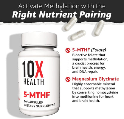 10X Health 5 Mthf - 60 Capsules | L Methylfolate: Methylated Folate & Magnesium, Brain & DNA Support, Bioavailable