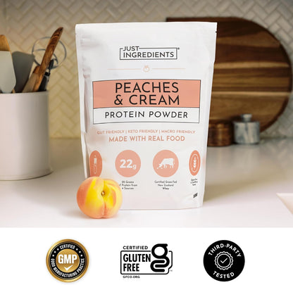 JUST INGREDIENTS Peaches & Cream Protein Powder, 15 Servings, 22g Protein from 4 Sources, Certified Grassfed New Zealand Whey Concentrate, Made with Real Food Ingredients, No Gums or Fillers
