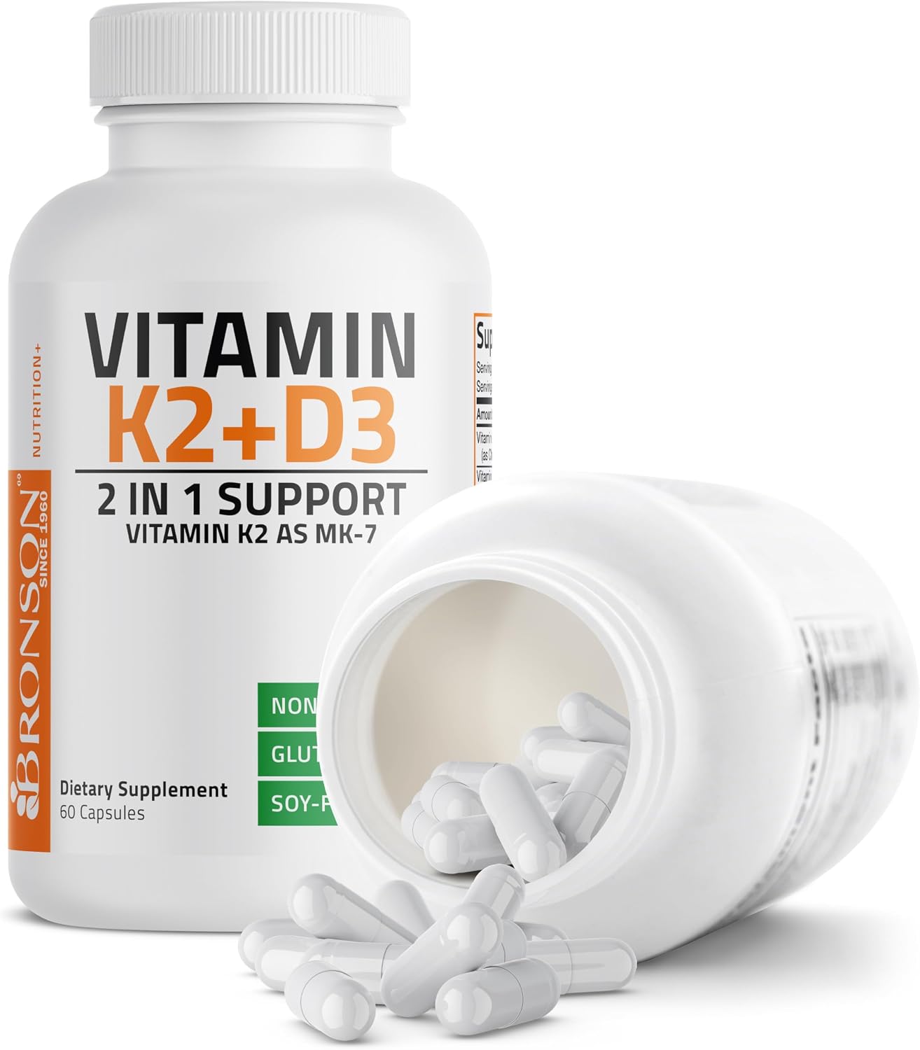 Bronson Vitamin K2 D3 (MK7) Supplement 2-in1 D3 & K2 Complex, 60 Capsules | Bone, Immune & Heart Health Support, Gluten Free, Soy Free, Non-GMO, Vitamin D3 5000IU (125 mcg) & 90 mcg K2 MK-7