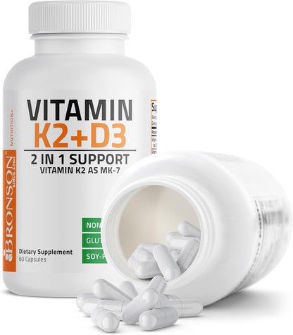 Bronson Vitamin K2 D3 (MK7) Supplement 2-in1 D3 & K2 Complex, 60 Capsules | Bone, Immune & Heart Health Support, Gluten Free, Soy Free, Non-GMO, Vitamin D3 5000IU (125 mcg) & 90 mcg K2 MK-7