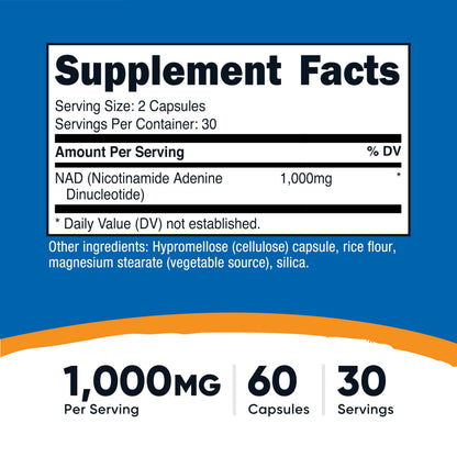 Nutricost NAD+ Supplement 1,000mg per Serving, 120 Capsules, 60 Servings | Nicotinamide Adenine Dinucleotide, Gluten-Free, Vegan
