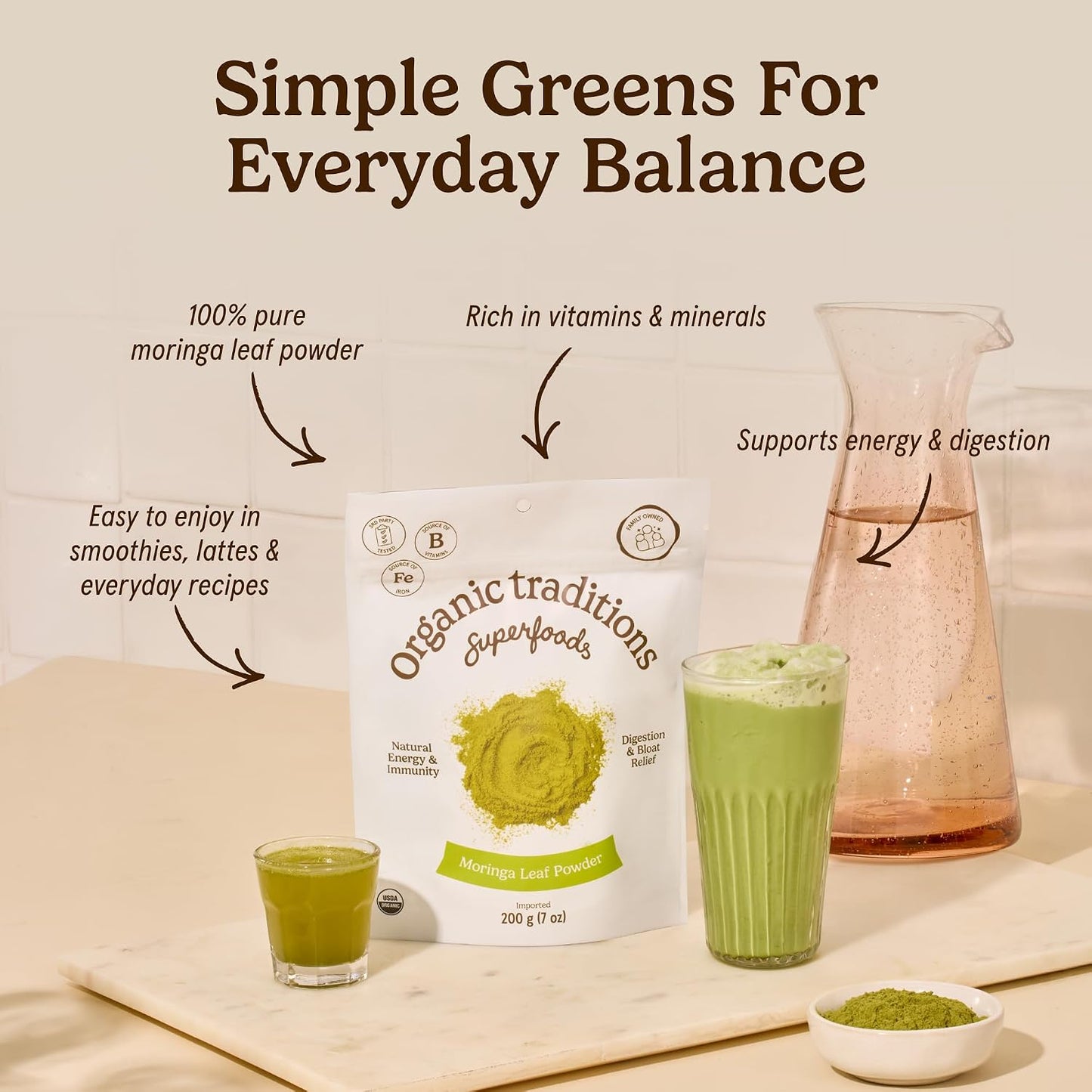 Organic Traditions Moringa Powder Organic, Green Superfood for Smoothies with Moringa Leaves, Rich in Natural Vitamins and Minerals, Traditionally Used for Daily Well Being, Vegan Non-GMO, 200g / 7oz