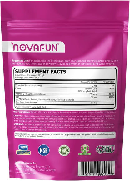 36mg Iron Powder Supplement, High Absorption with Patented Hydrogel Tech, Melt-in-Mouth Stick Packs with VIT C, Folate & B12 – Gentle, No Metallic Taste, Red Beet Flavor, 20 Count