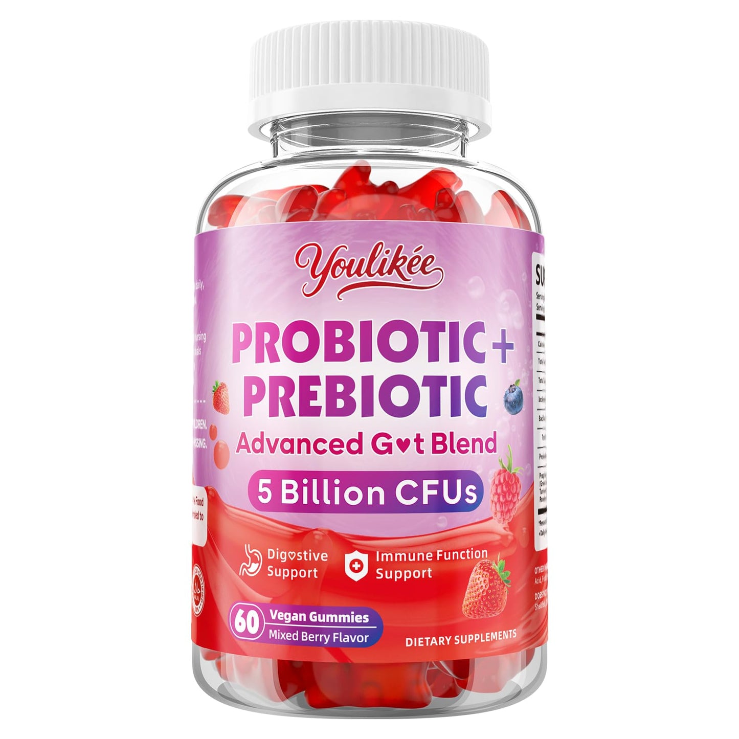 2 Pack Prebiotic + Probiotic Gummies, 5 Billion CFUs with Fibers | Probiotic Gummies for Gut Health Support, Vegan, Sugar-Free, 120 Count