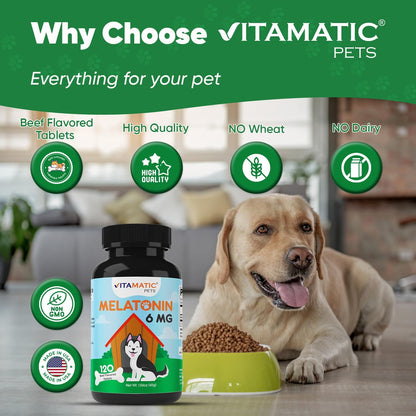 Vitamatic Pets Melatonin 6 mg Chewable Tablets for Dogs, 120 Count | Sleep Health Support*, Beef Flavored Tablet, Non-GMO, Gluten Free, Made in USA