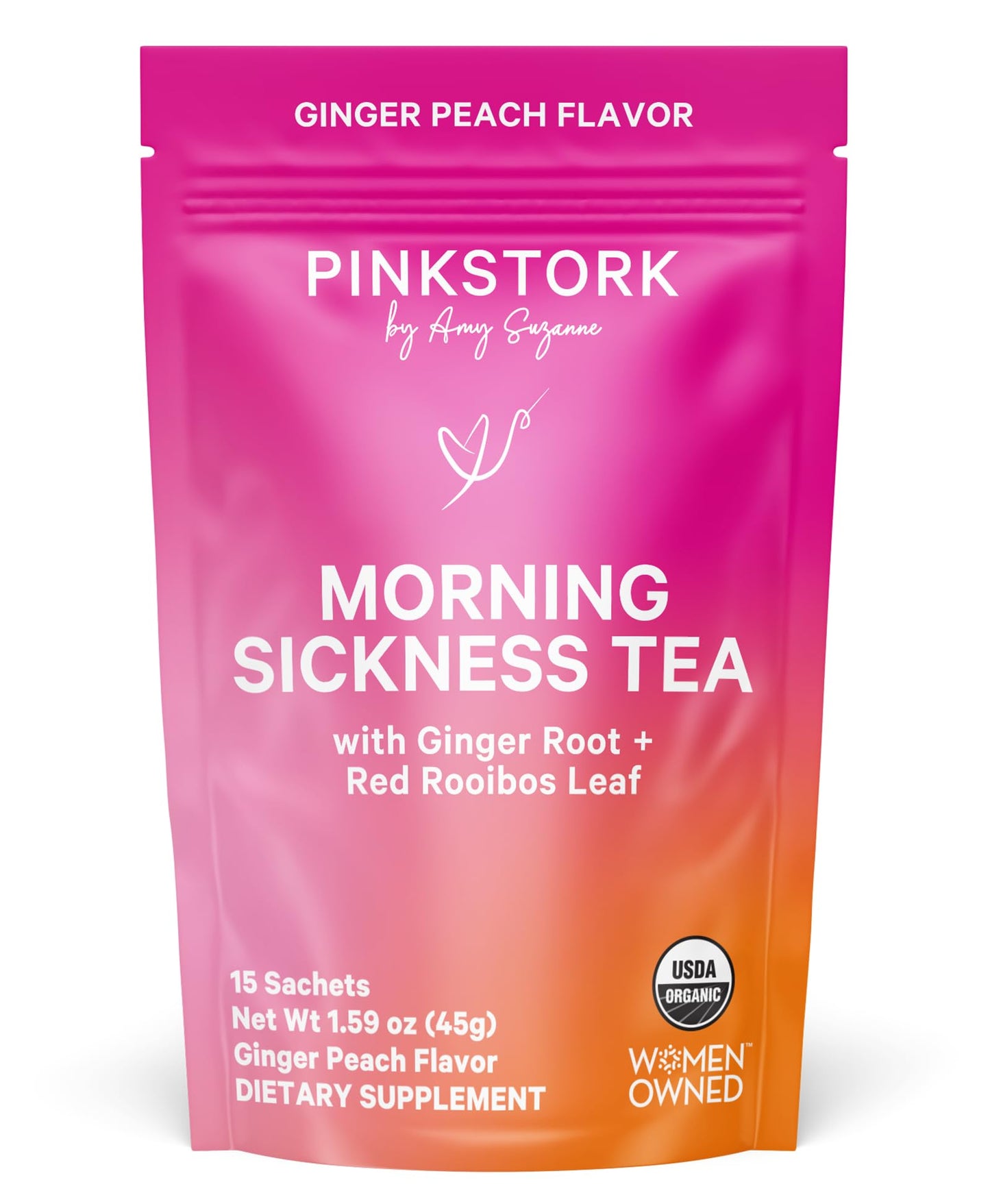 Pink Stork Organic Morning Sickness Pregnancy Tea - Hot or Iced Tea - Prenatal Heartburn, Indigestion, and Constipation Support - 1st Trimester Pregnancy Must Haves - Ginger Peach, 15 Sachets