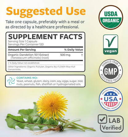 USDA Organic Dandelion Root Extract - High Potency 10:1 Dandelion Root Supplement with 5000mg Herbal Equivalent Strength for Liver Cleanse Detox & Repair Support - Vegan & Non-GMO (2 Month Supply)