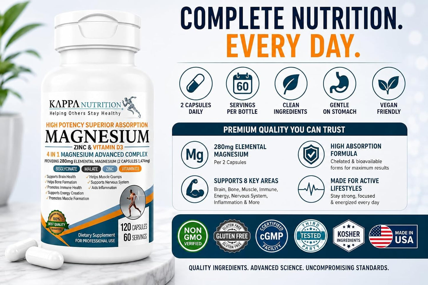 Kappa Nutrition Magnesium 4-in-1, 280mg Elemental Magnesium (Bisglycinate, Malate) + Zinc & Vitamin D3, Brain, Sleep, Energy, Muscle, Immune Support, 120 Vegan Capsules.