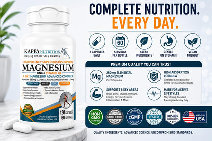 Kappa Nutrition Magnesium 4-in-1, 280mg Elemental Magnesium (Bisglycinate, Malate) + Zinc & Vitamin D3, Brain, Sleep, Energy, Muscle, Immune Support, 120 Vegan Capsules.